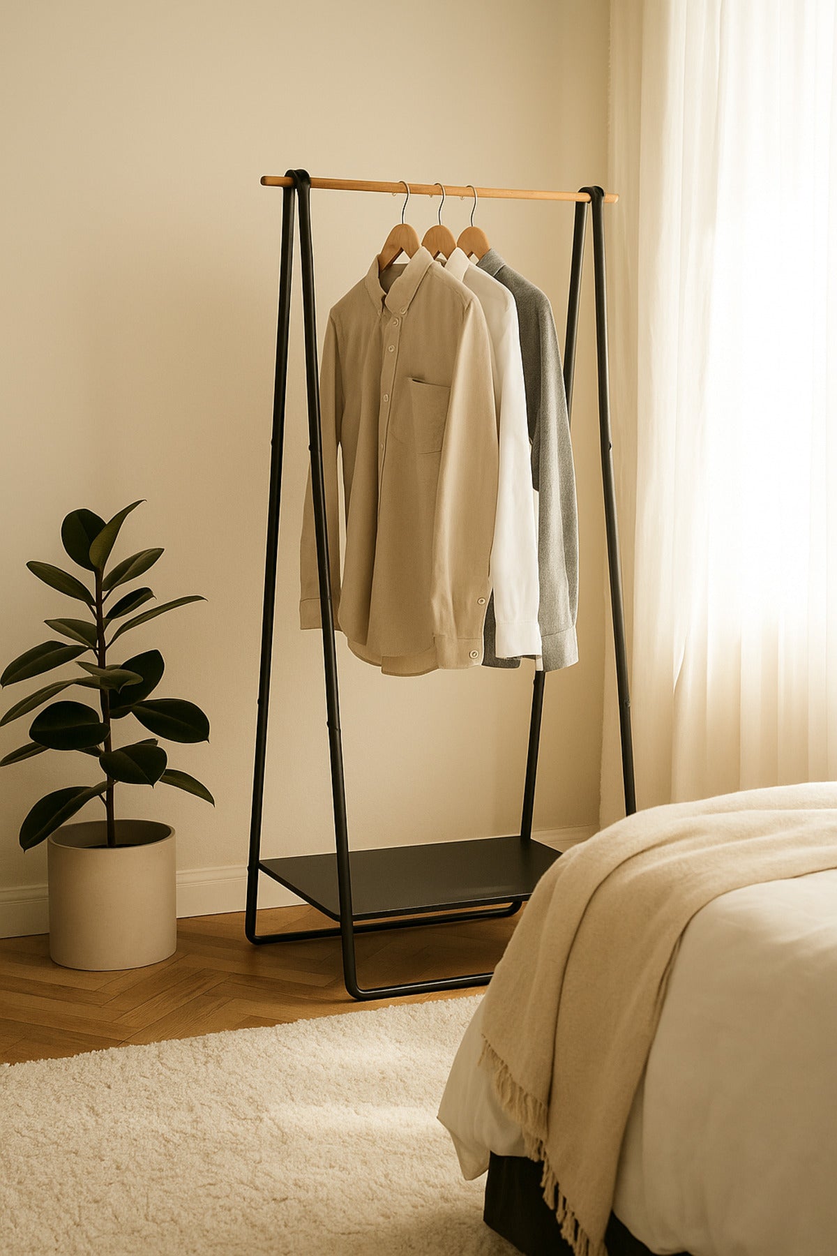Minimalist Metal Clothes Rack with Wooden Hanging Rod and Storage Shelf Ð Black