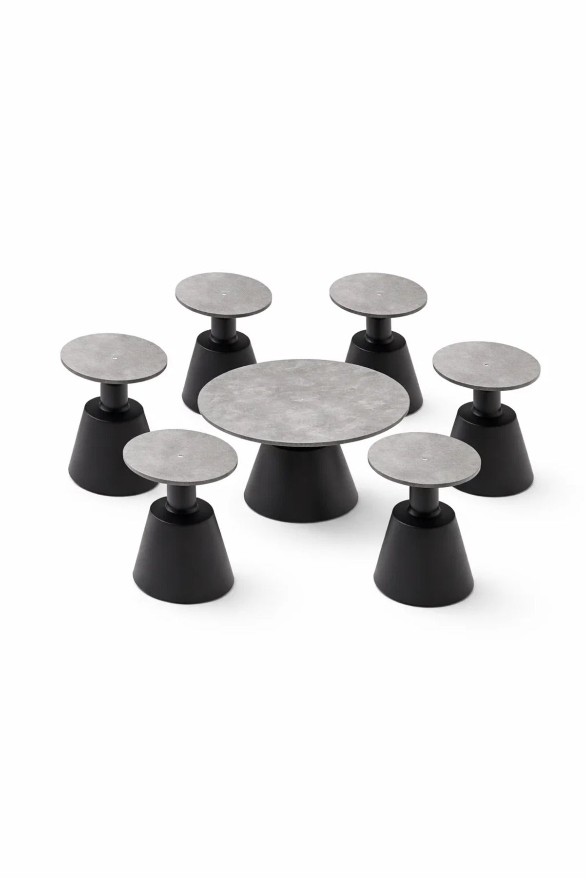 Modern Grey Round Coffee Table Set 1+6 Wood Top Black Cone Base Living Room Center Table Decor
