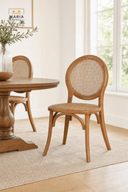 Antique Brown Wooden Dining Chair with Round Cane Back and Woven Seat
