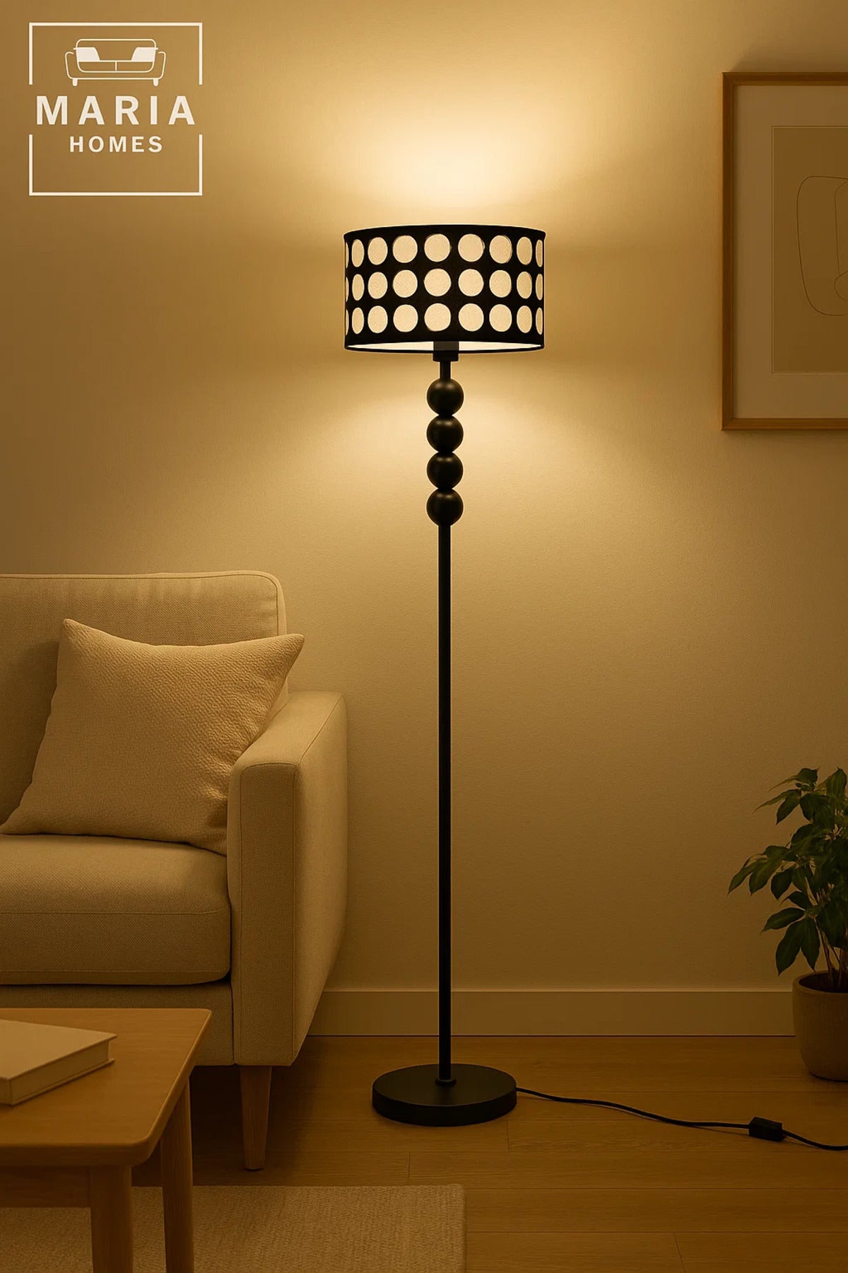 Black Floor Lamp with Polka Dot Shade and Sphere Accent