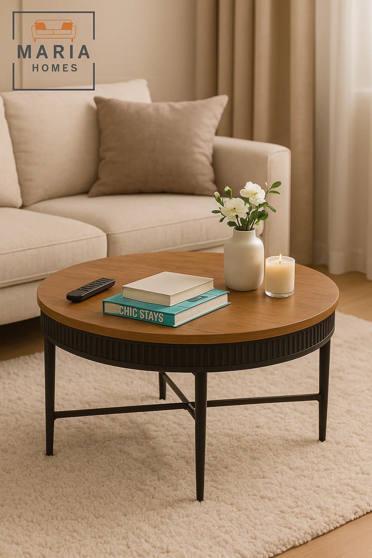 Round wooden coffee table with black fluted edge and base