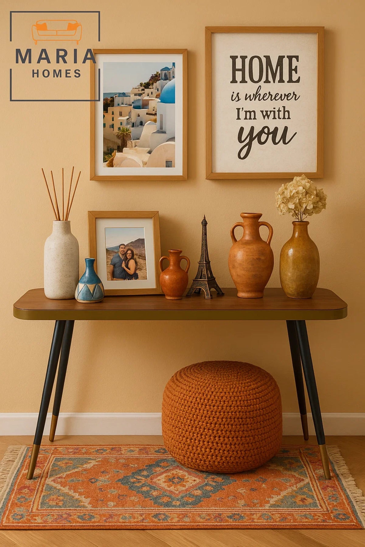 Mid-Century Modern Console Table 120x40x75cm Ð Walnut Top with Gold Accent and Tapered Legs