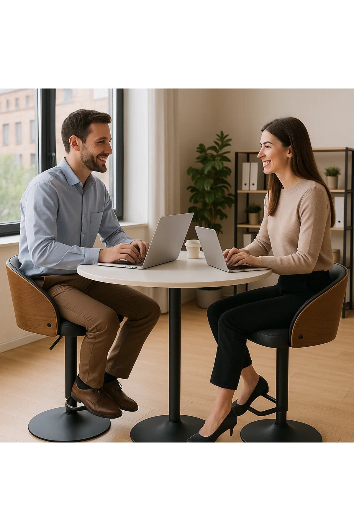 Modern Adjustable Swivel Bar Stool with Black Faux Leather and Wood Accent for Kitchen Use
