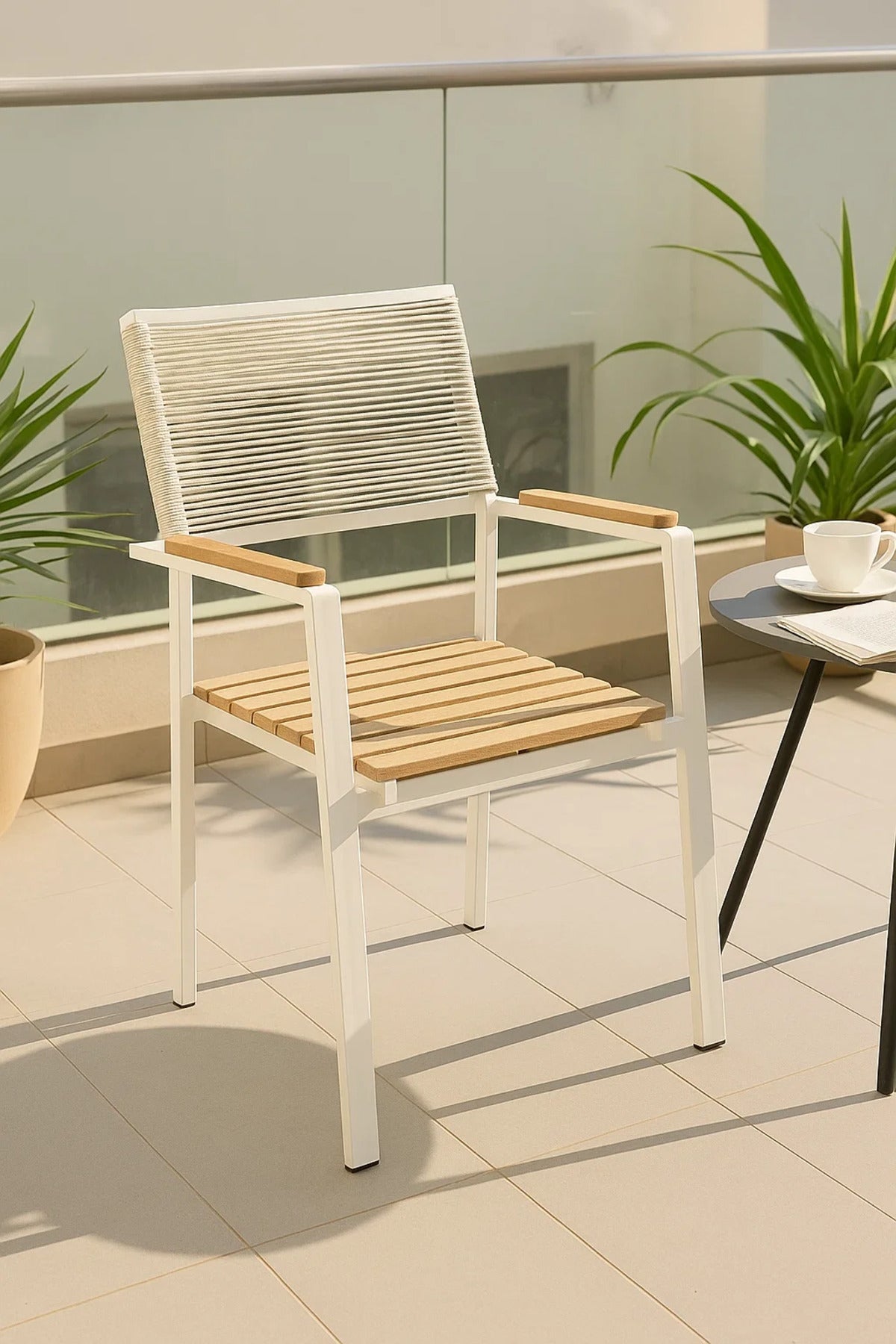 Modern Outdoor Garden Chair with Armrest White Metal Frame Patio Dining Balcony