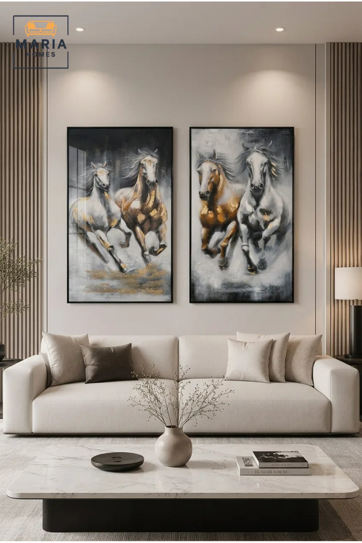 Luxury Horse Framed Wall Art Set of 2 √ê Modern Running Horses Painting for Living Room, Bedroom, Hallway & Office D≈Ωcor