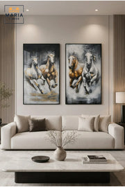 Luxury Horse Framed Wall Art Set of 2 √ê Modern Running Horses Painting for Living Room, Bedroom, Hallway & Office D≈Ωcor