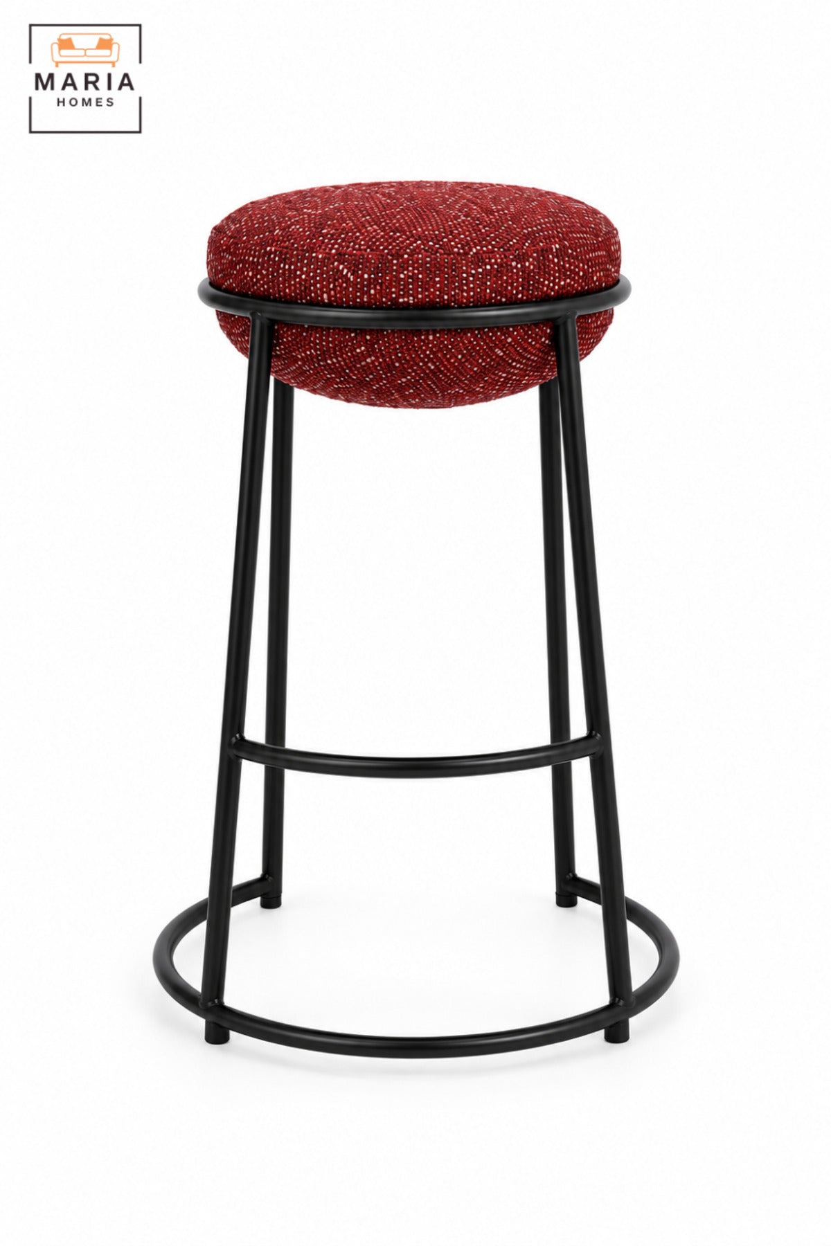 Modern Round Bar Stool with Padded Fabric Seat & Circular Footrest | Red Upholstered High Counter Chair with Slim Black Frame for Café and Kitchen 70x33cm