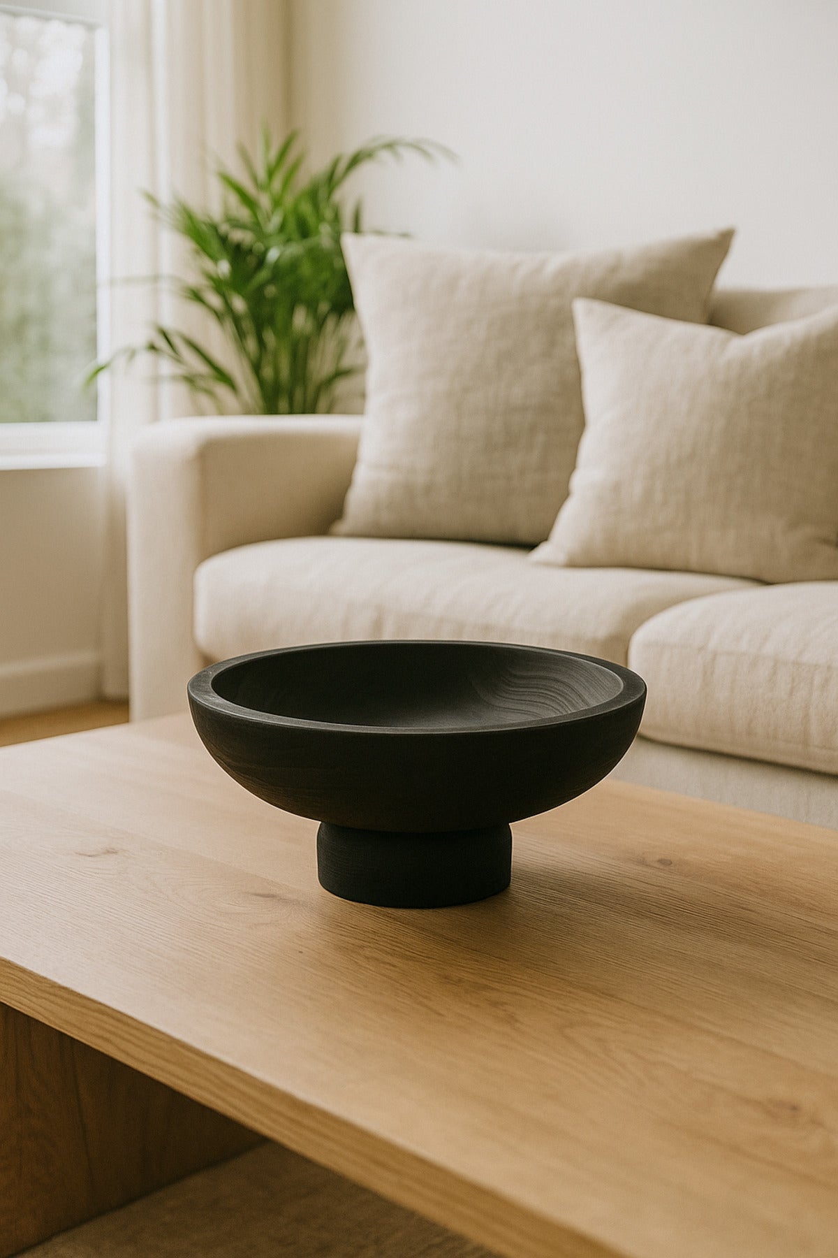 Black Wooden Decorative Bowl with Pedestal Base Ð Modern Centerpiece