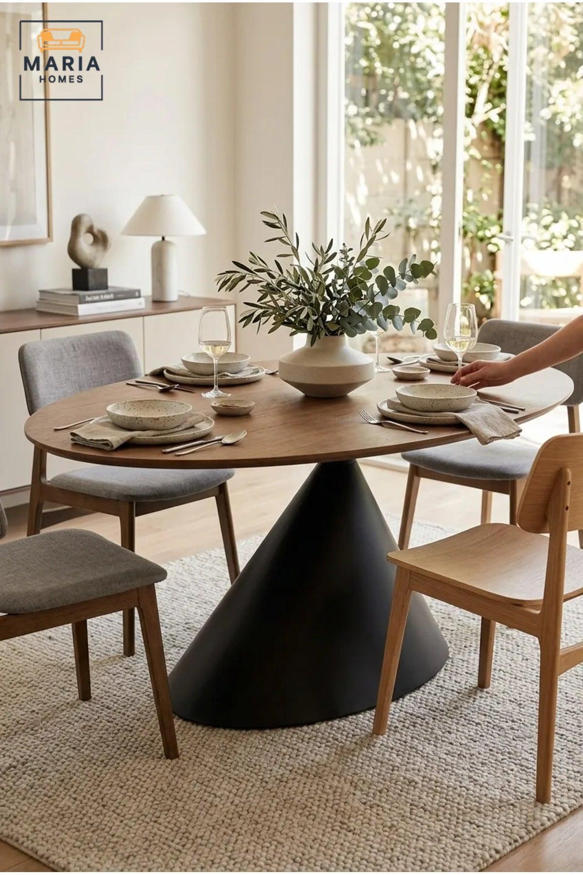 Large Oval Dining Table with Wooden Top and Sculptural Cone Pedestal Base, Modern Table for Dining Room, Kitchen, Café, Restaurant and Meeting Area