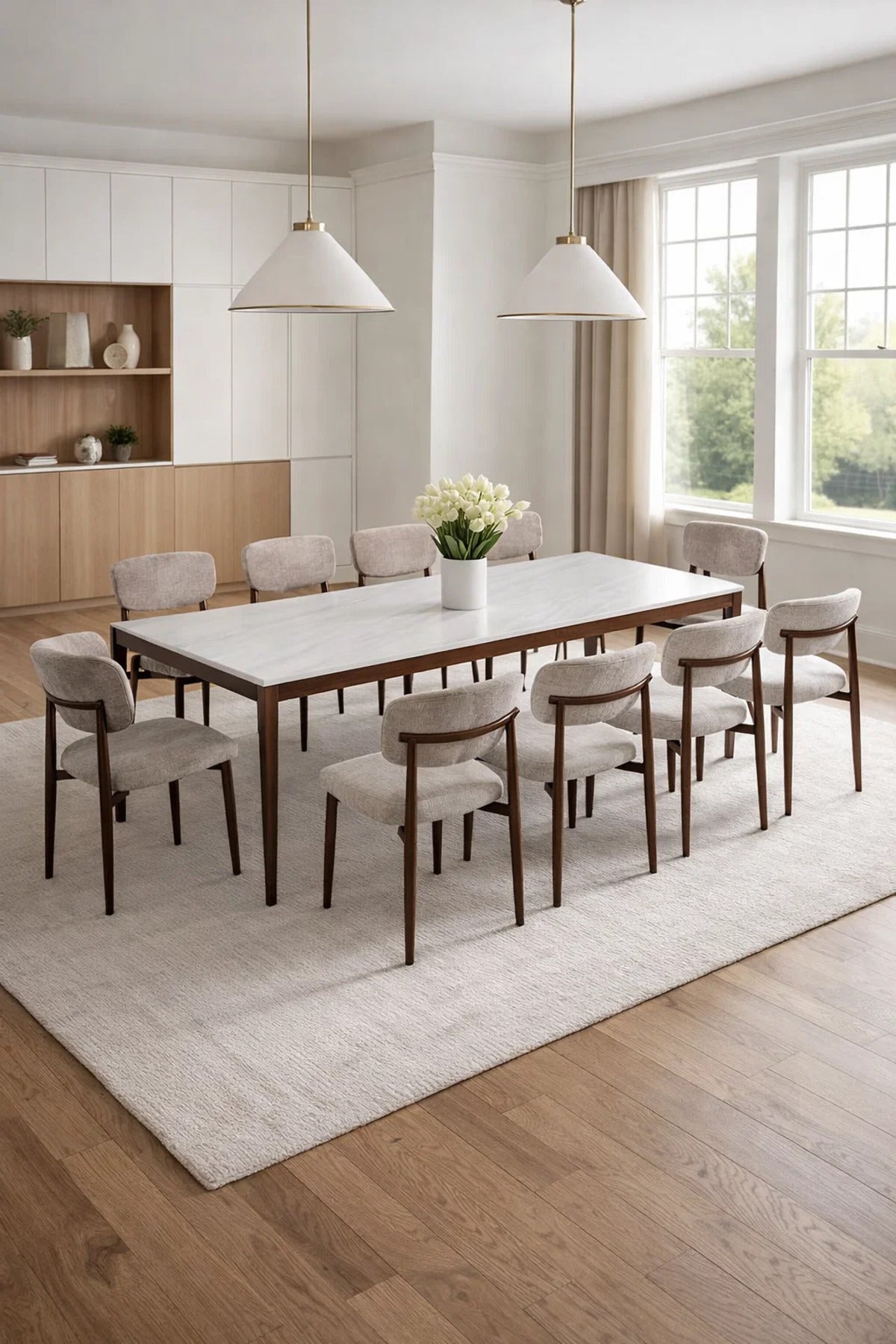 Modern 10 Seater Marble Top Dining Table Set with Brown Wooden Legs and Beige Fabric Chairs