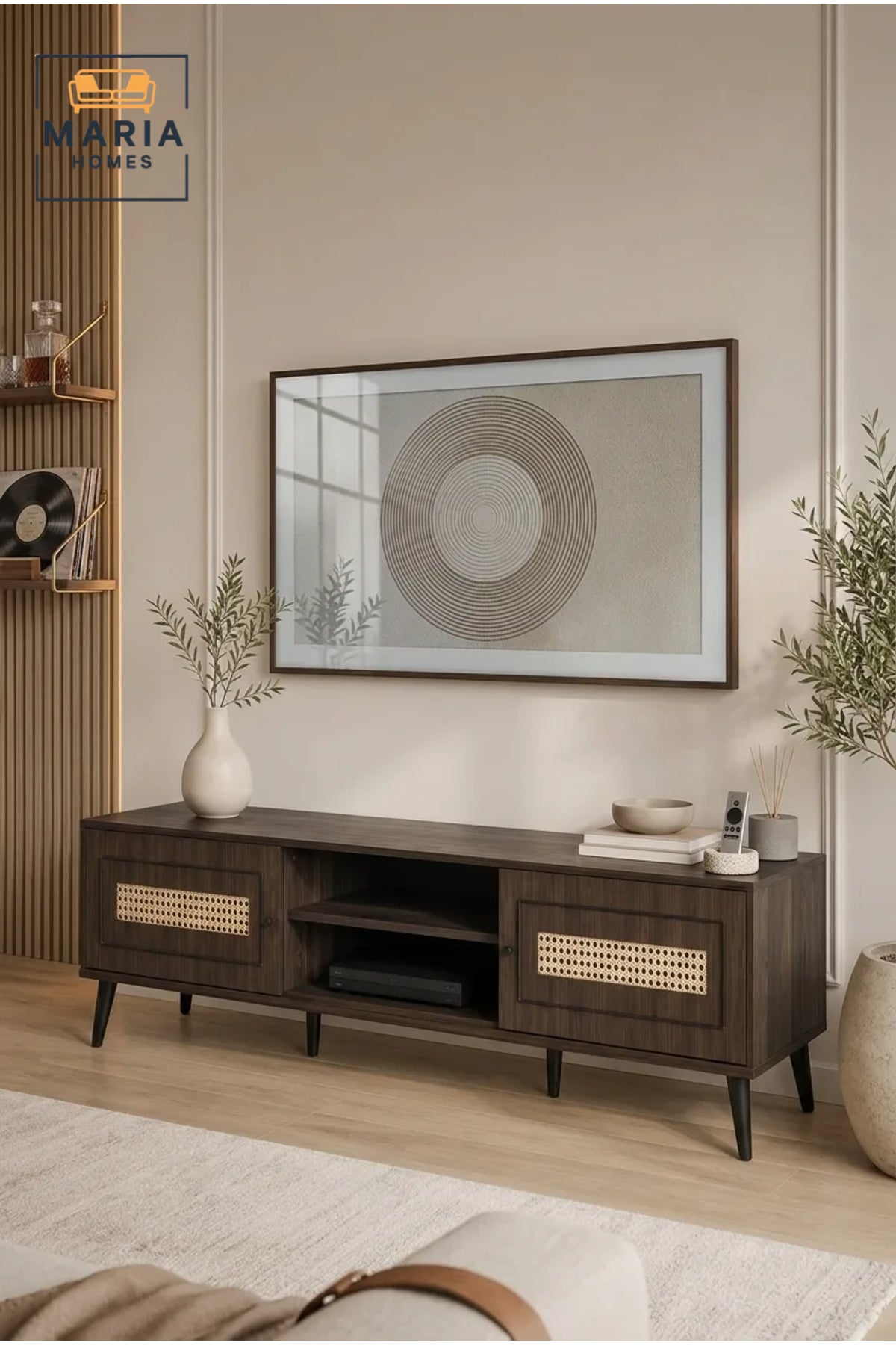 Modern Dark Walnut Rattan TV Unit 180 _ 40 _ 45 cm √ê Entertainment Center with Storage Cabinets and Open Shelves