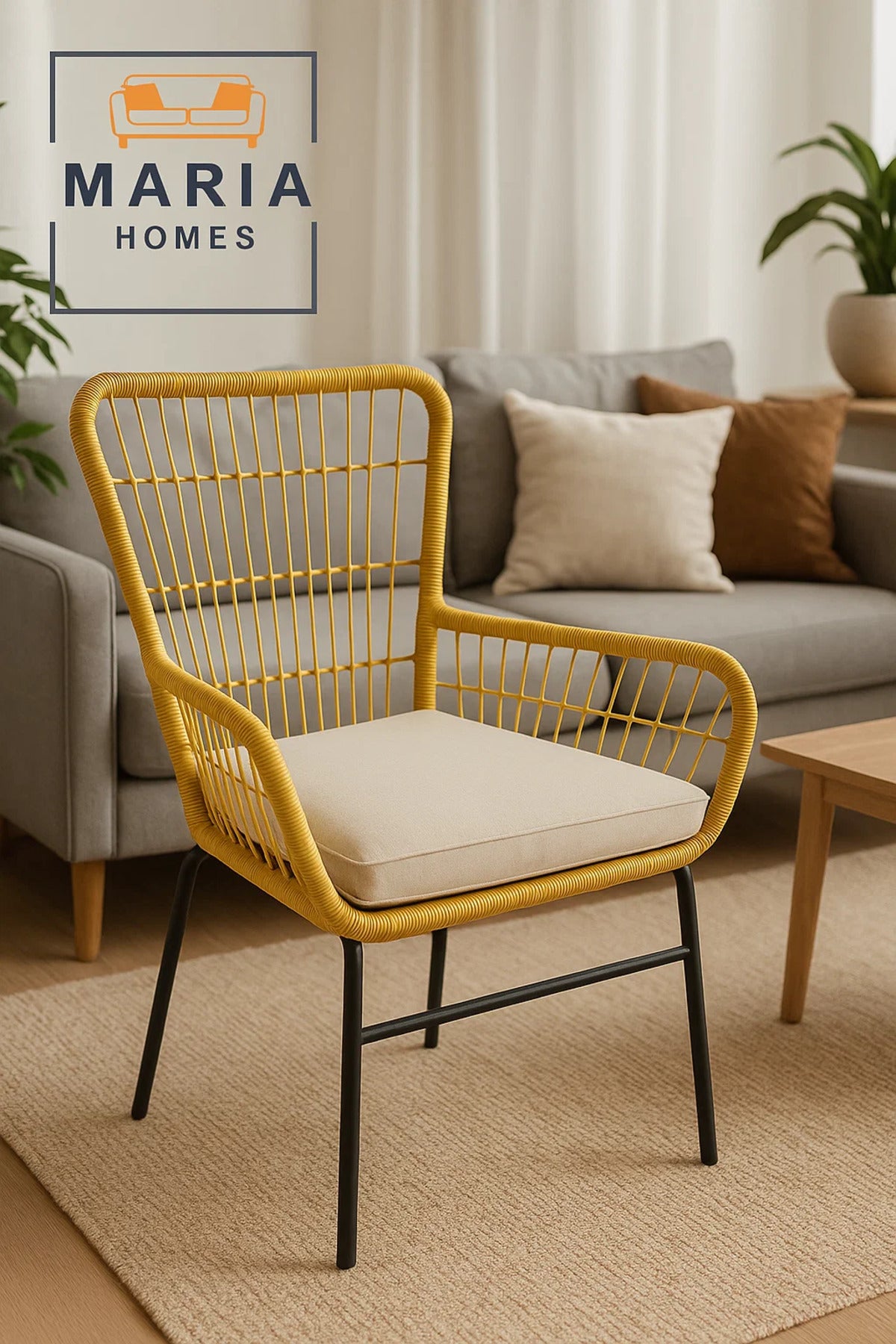 Modern Rattan Woven Chair with Beige Cushion Ð Indoor Outdoor Lounge Seating with Metal Legs