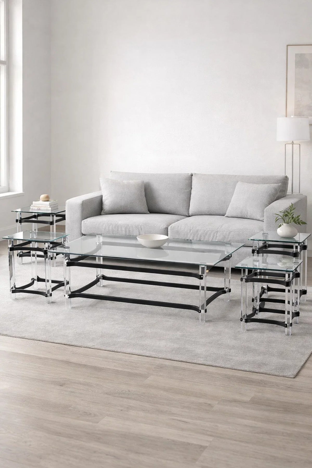 Modern 5-Piece Center Table Set Acrylic Legs Tempered Glass Top Black Details Living Room Unit