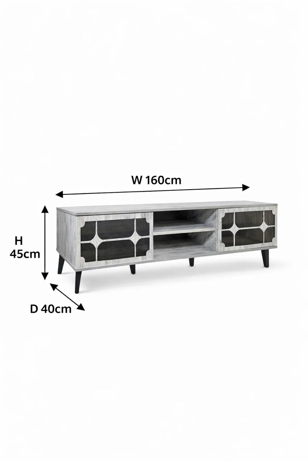 Stylish Grey TV Unit with Storage Shelves and Modern Cabinet Doors for Living Room Entertainment