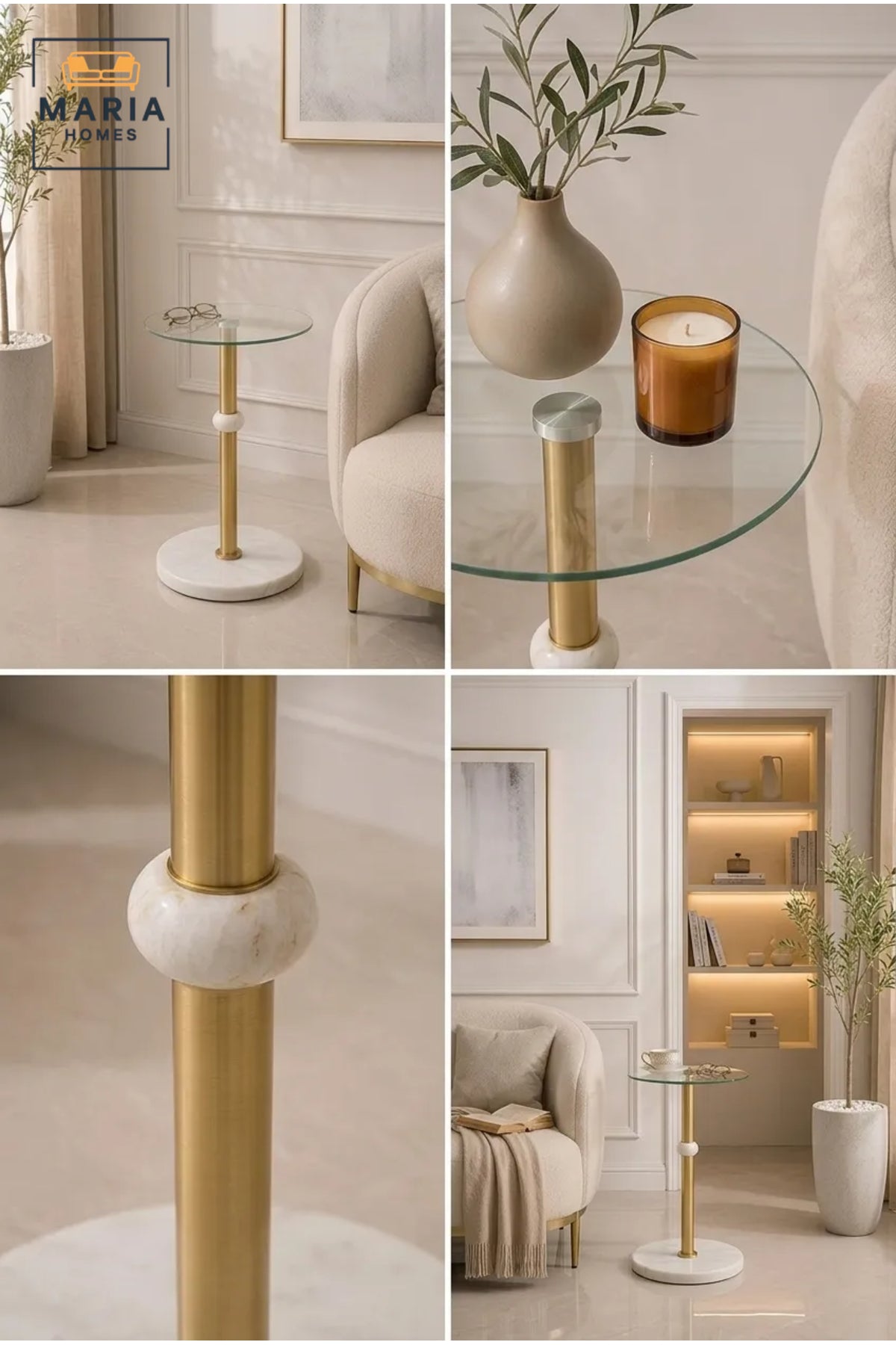 Luxury Glass Side Table with White Marble Base and Gold Metal Accent