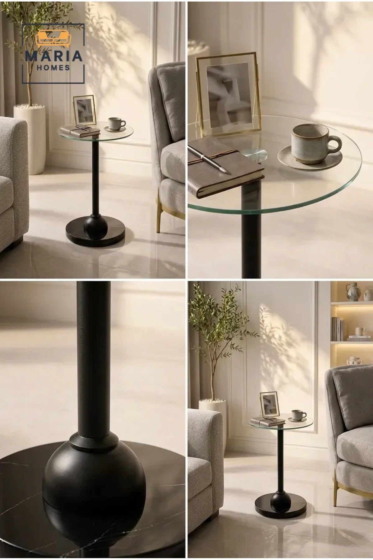 Modern Glass Top Side Table with Black Marble-Effect Base and Metal Support