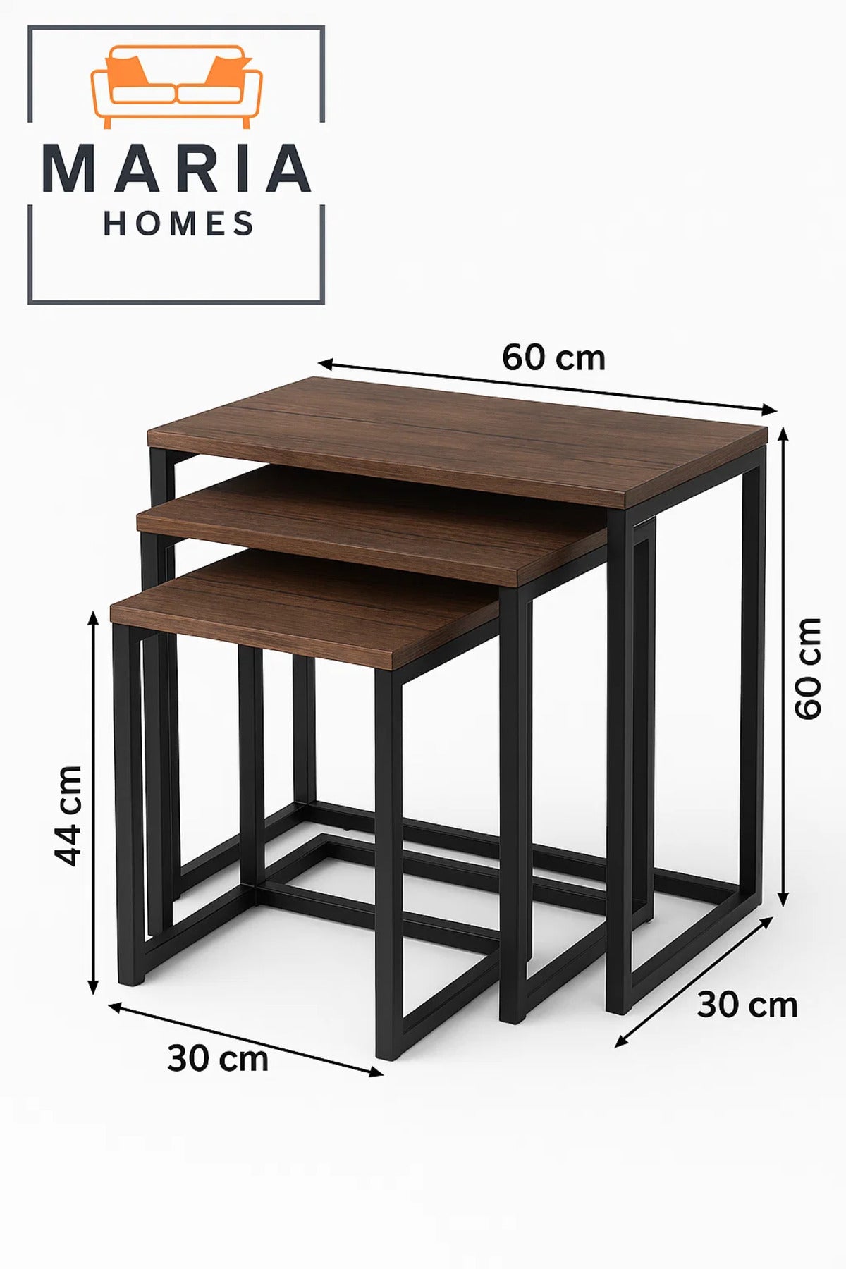 Set of 3 Rectangular Nesting Tables with Wood Tops and Black Frames
