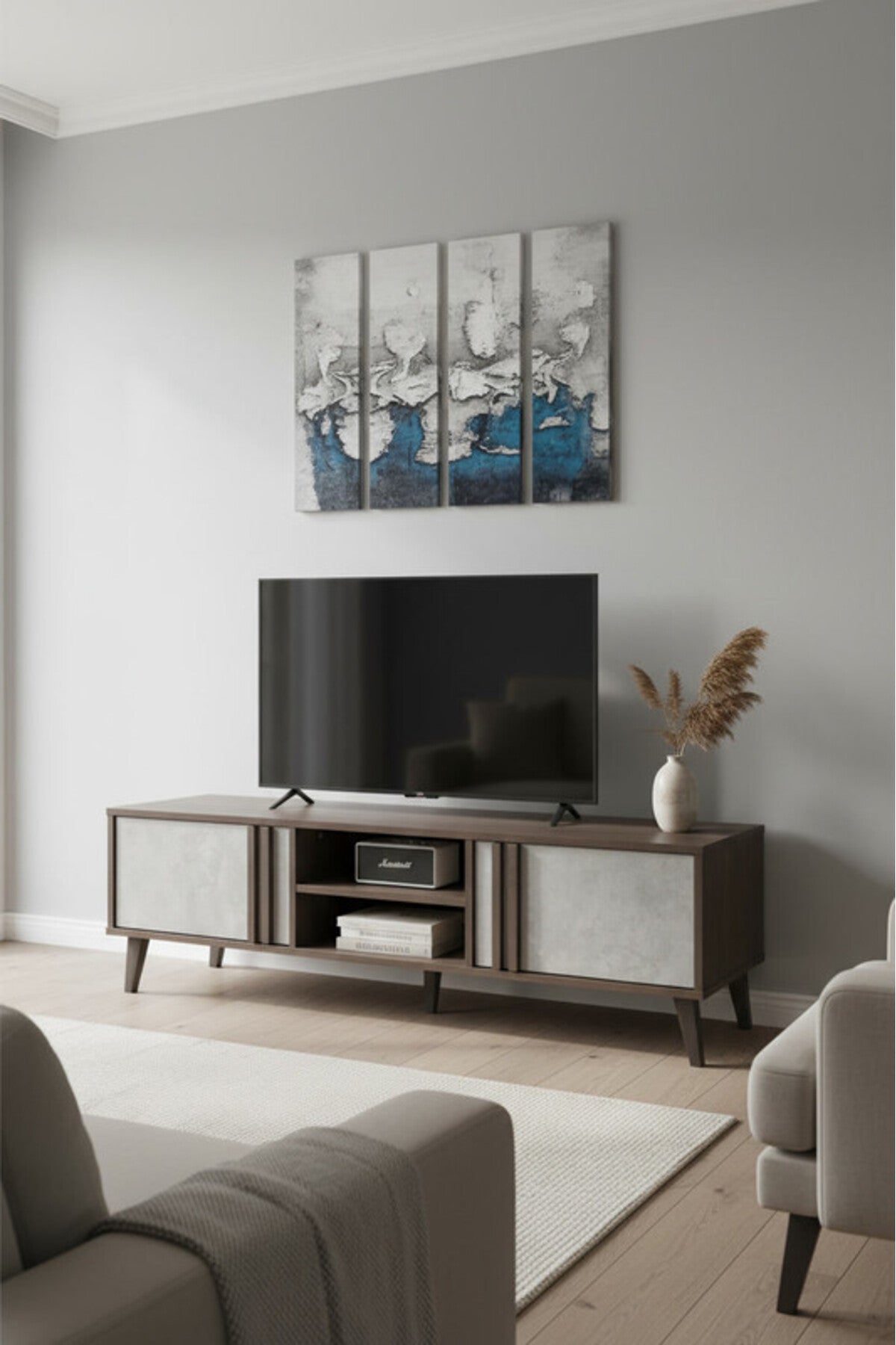 Modern BROWN&GREY TV table with Concrete Panel Doors & Open Storage Shelf