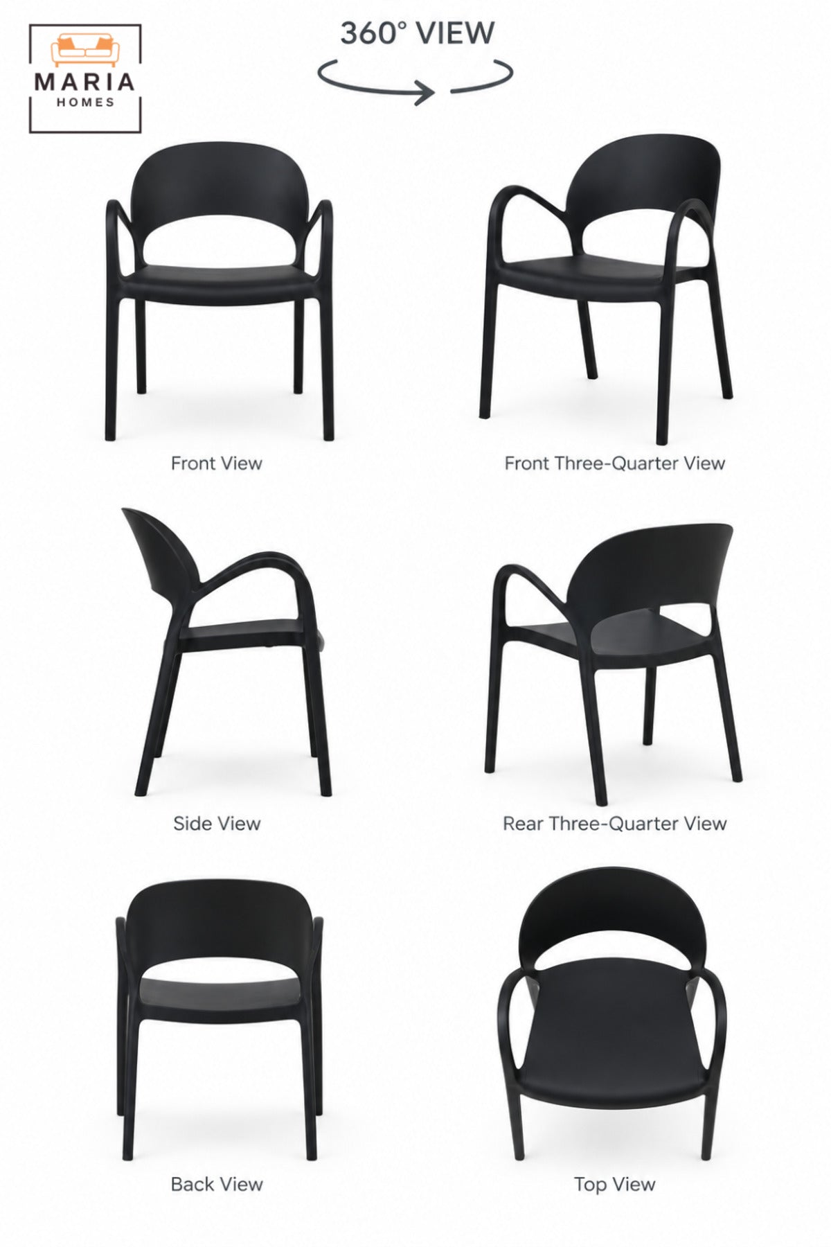 Modern Black Garden Chair with Armrests, Curved Open Backrest and Contemporary Lightweight Design for Patio, Balcony, Terrace, Café & Outdoor Seating