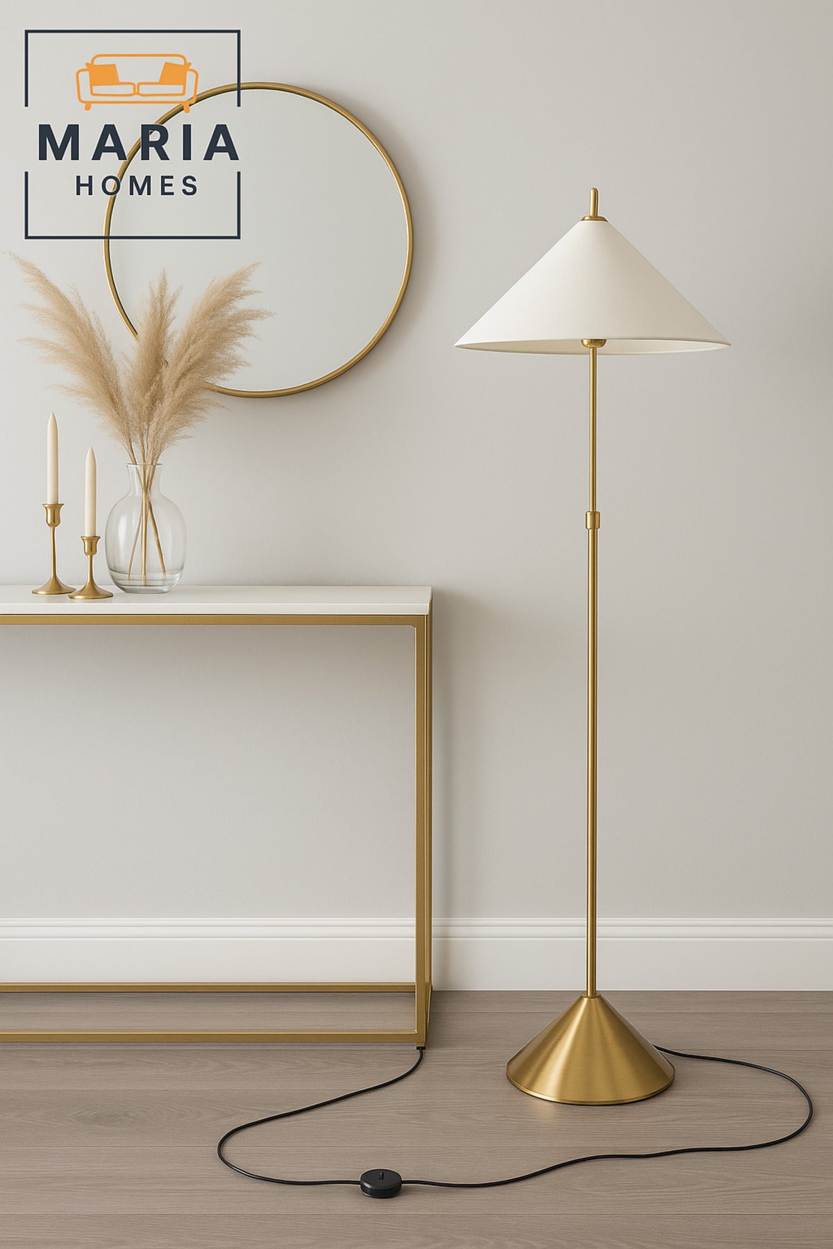 Modern Brass Floor Lamp with White Conical Shade Ð Minimalist Standing Light
