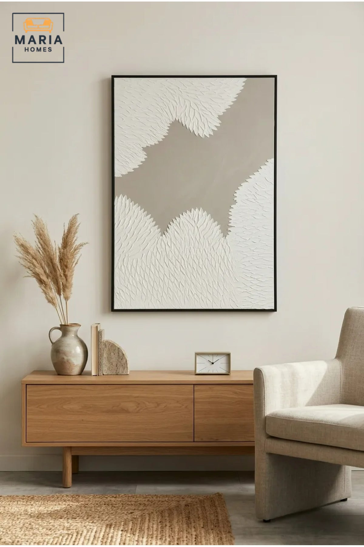 Modern Abstract Textured Wall Art with Black Frame, Neutral White and Beige Canvas Print for Living Room, Bedroom, Office and Hallway Décor