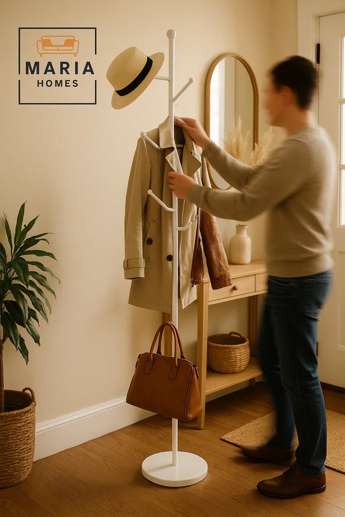 White Minimalist Coat Rack with Rounded Hooks and Marble Base