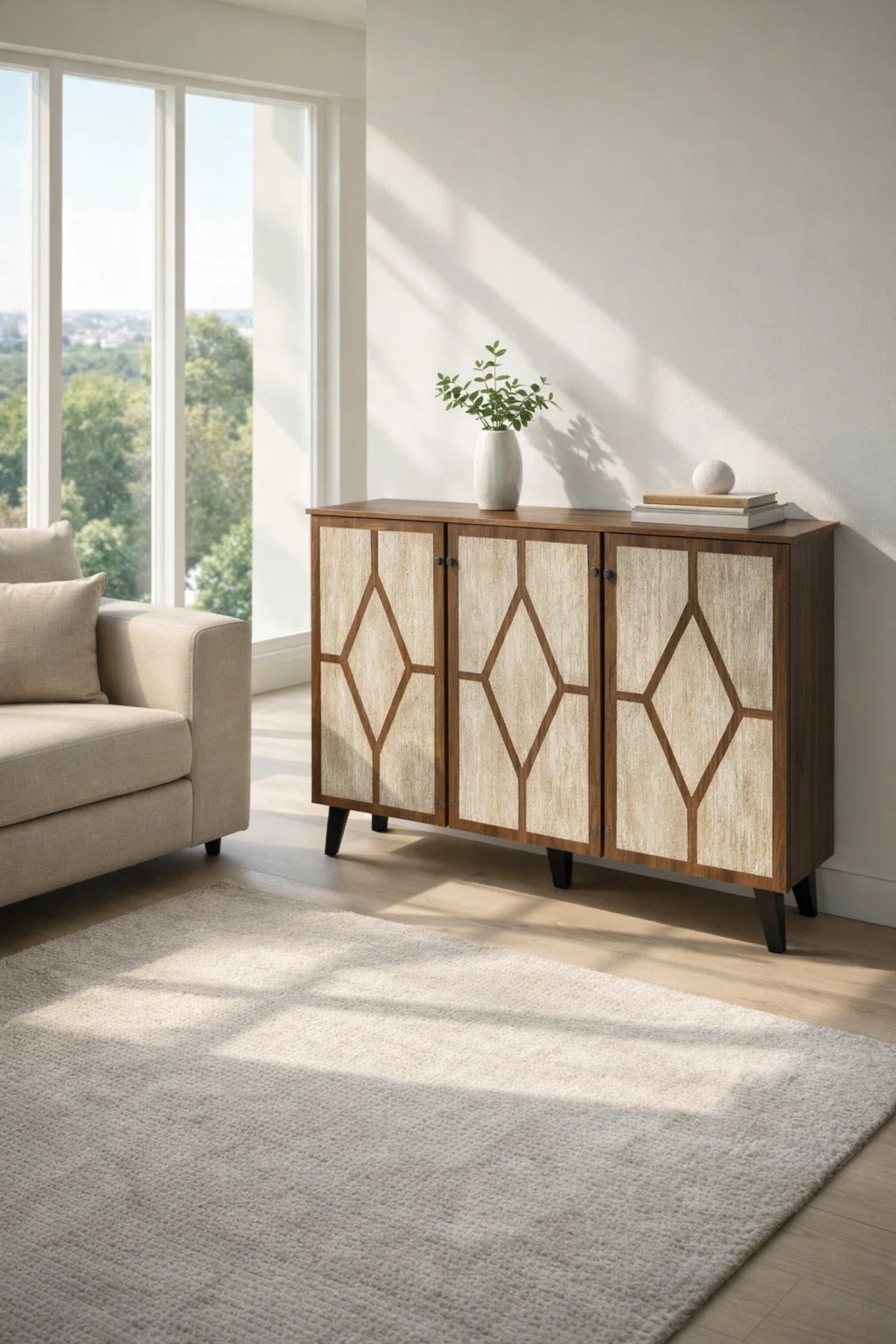 Brown and Beige Shoe Cabinet with Geometric Door Design 120 x 32 x 93 cm