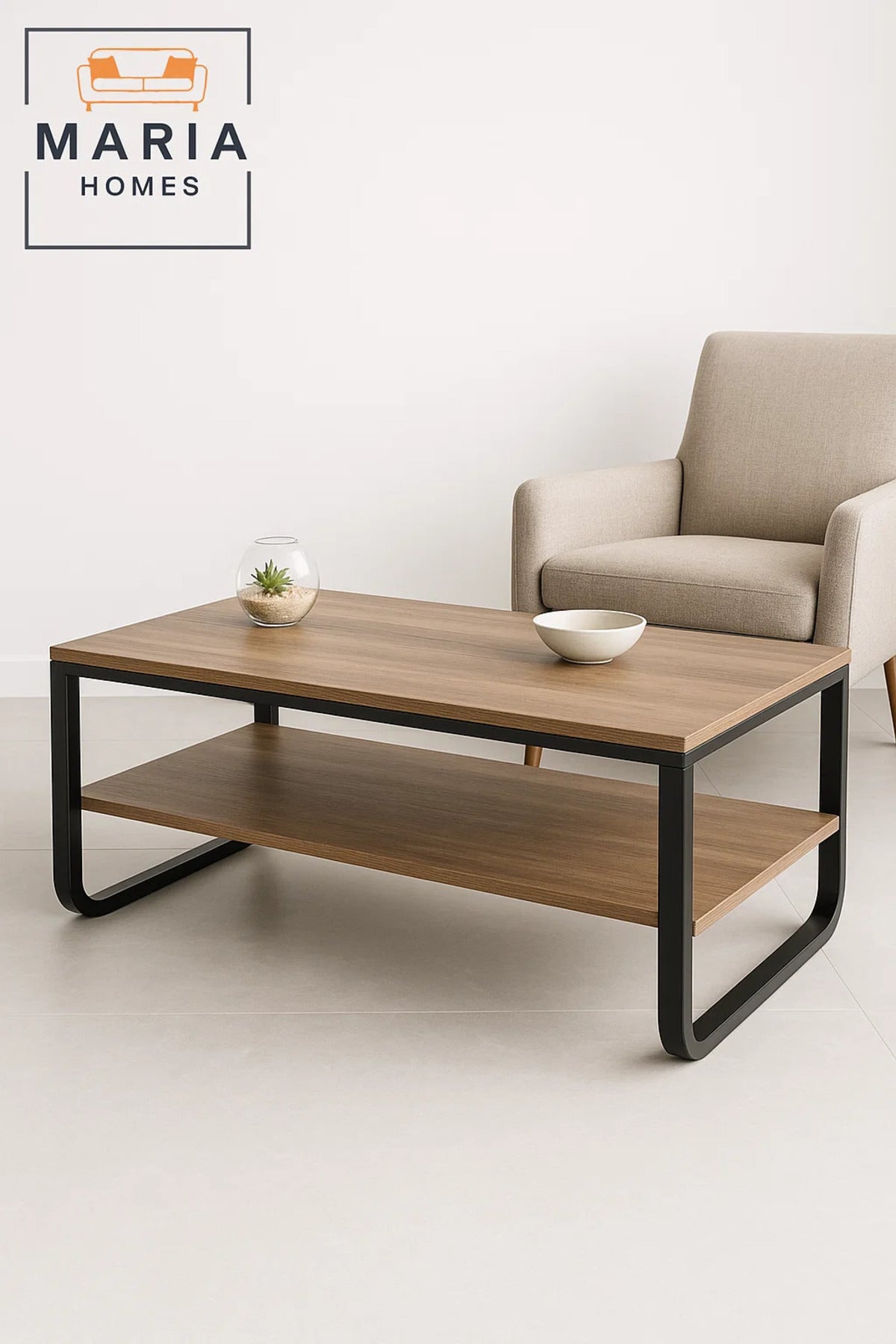 Modern Wooden Center Table 106x60x45cm Ð Coffee Table Shelf & Black Metal Frame