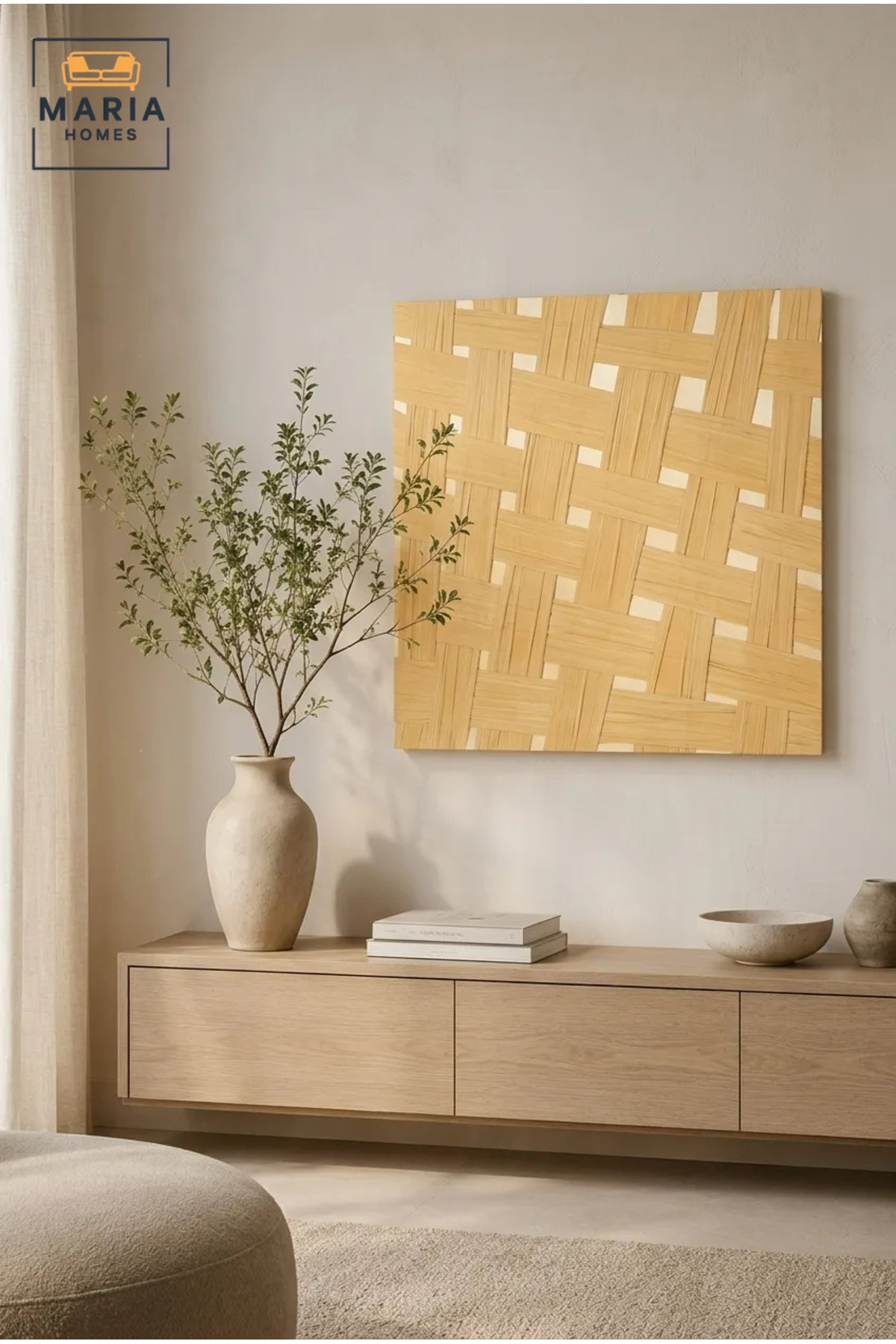 Natural Woven Wall Art Panel √ê Handwoven Basket Weave Decorative Artwork