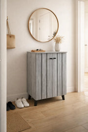 Modern Grey Shoe Cabinet with Vertical Panel Design Ð Compact Entryway Storage
