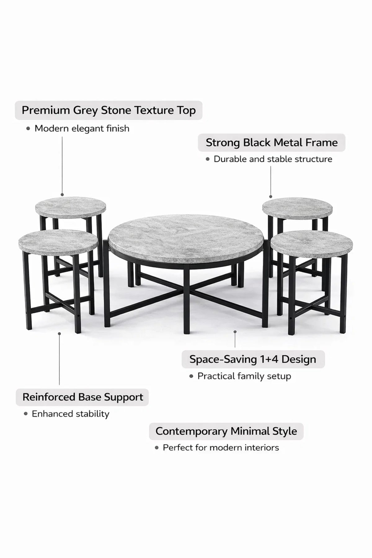 Grey Round Coffee Table Set of 5 Metal Legs Modern Nesting Center Tables for Living Room Interior