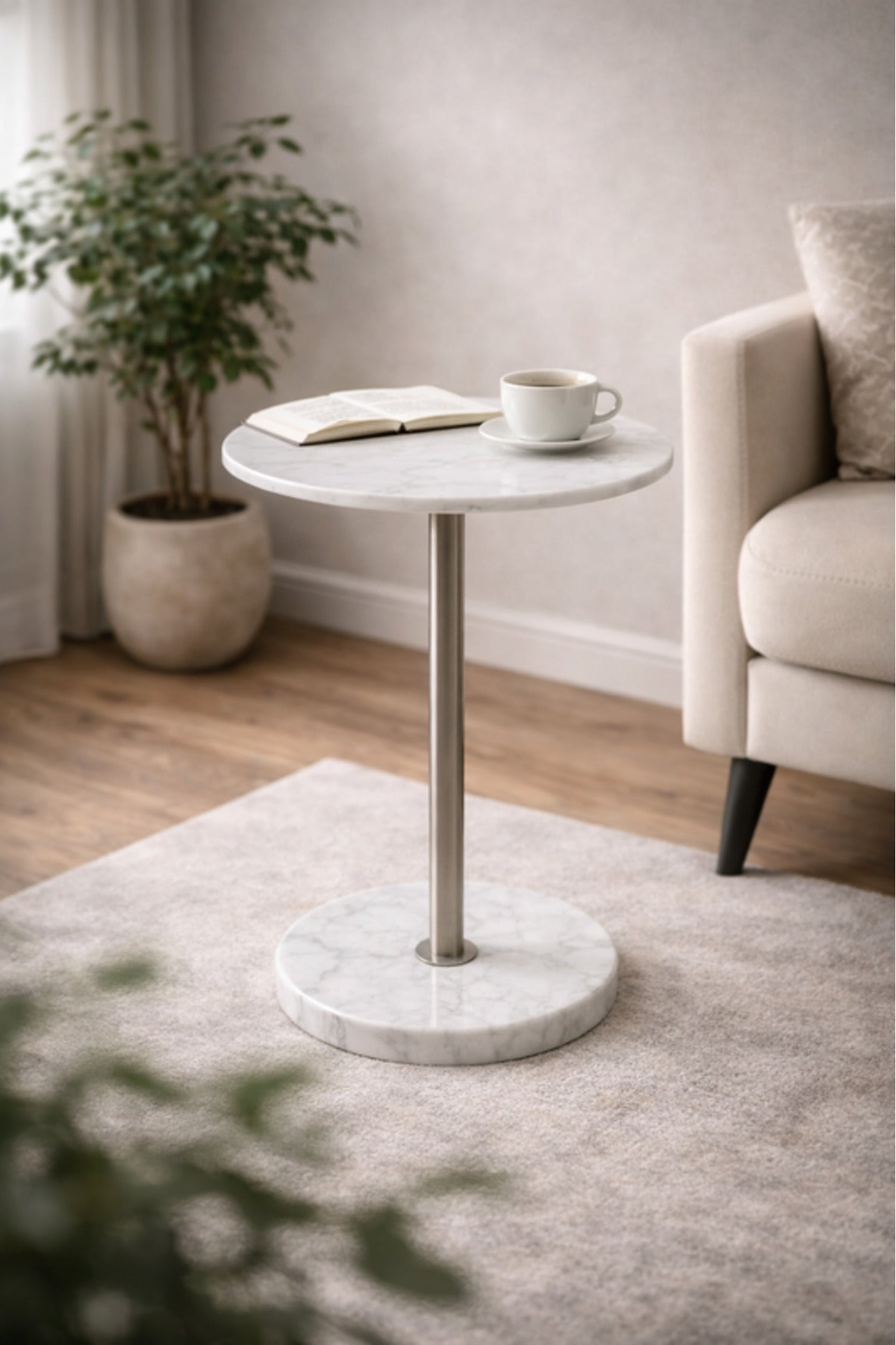 Round Marble Side Table with Silver Metal Base 35_35_56 cm Modern Accent round marble