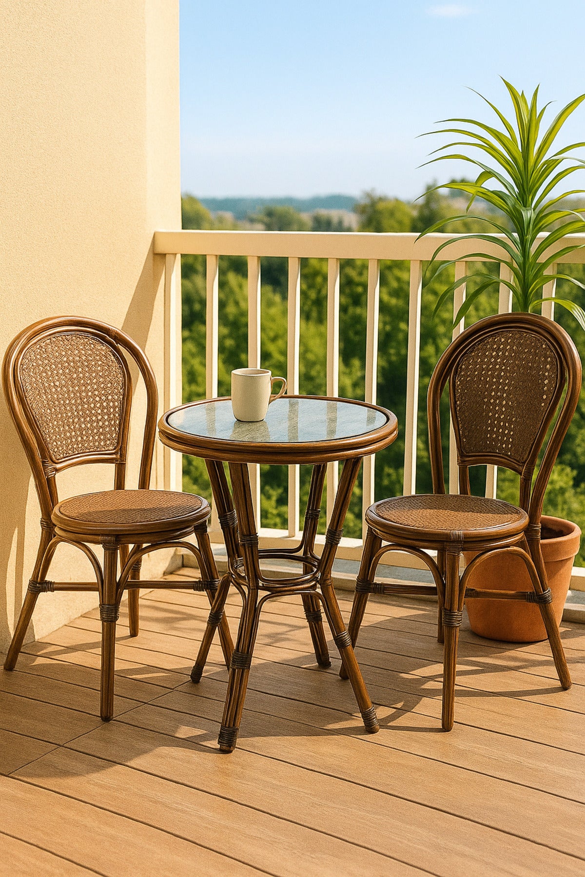 Round Rattan Coffee Table Ð Brown Outdoor & Indoor Table with Glass Top