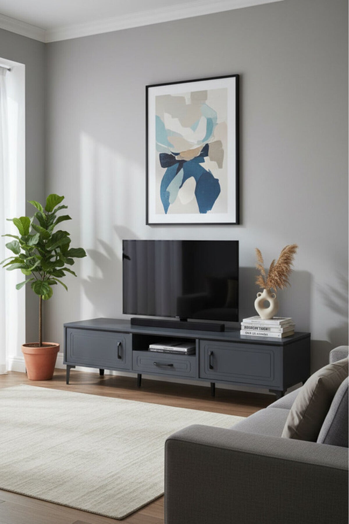 Elegant Dark Grey TV Table with Drawers and Open Shelf