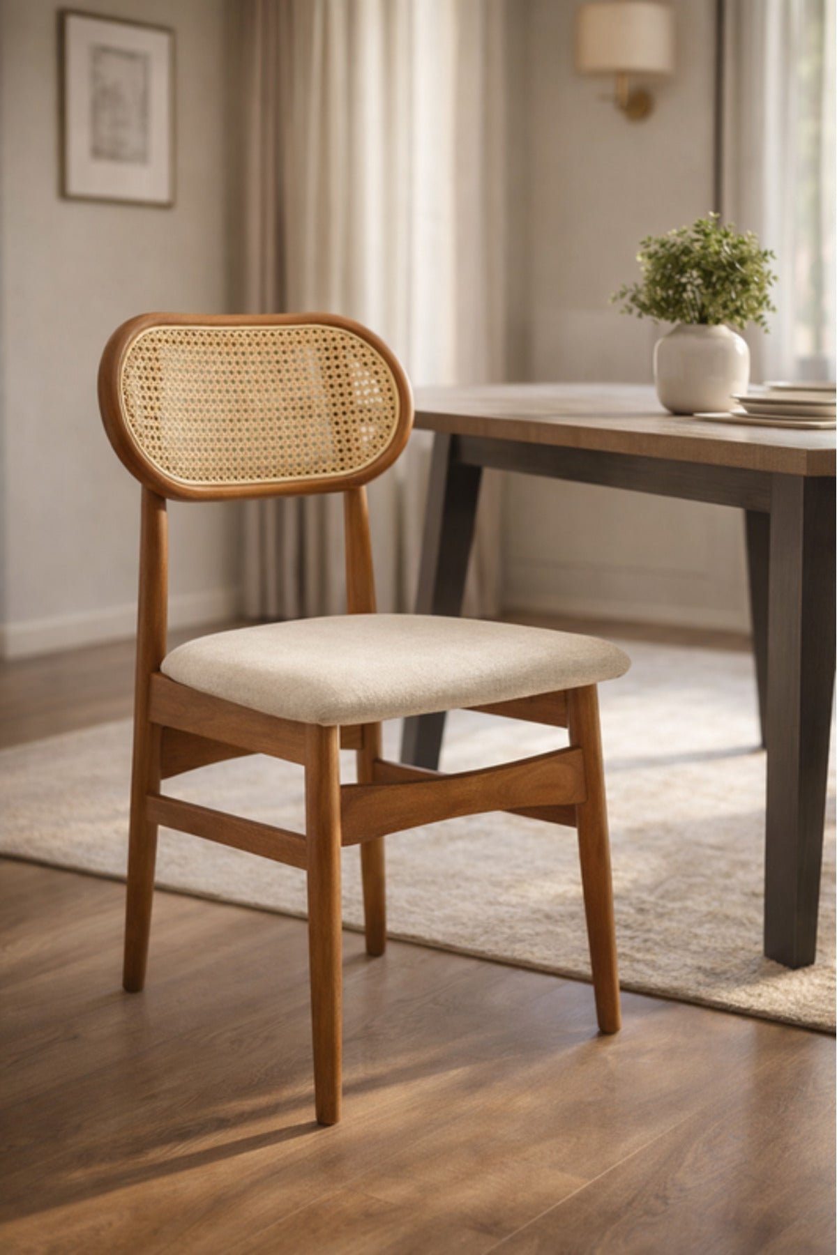 Brown Wooden Dining Chair with Rattan Backrest Upholstered Seat 86cm Height Modern