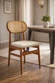 Brown Wooden Dining Chair with Rattan Backrest Upholstered Seat 86cm Height Modern