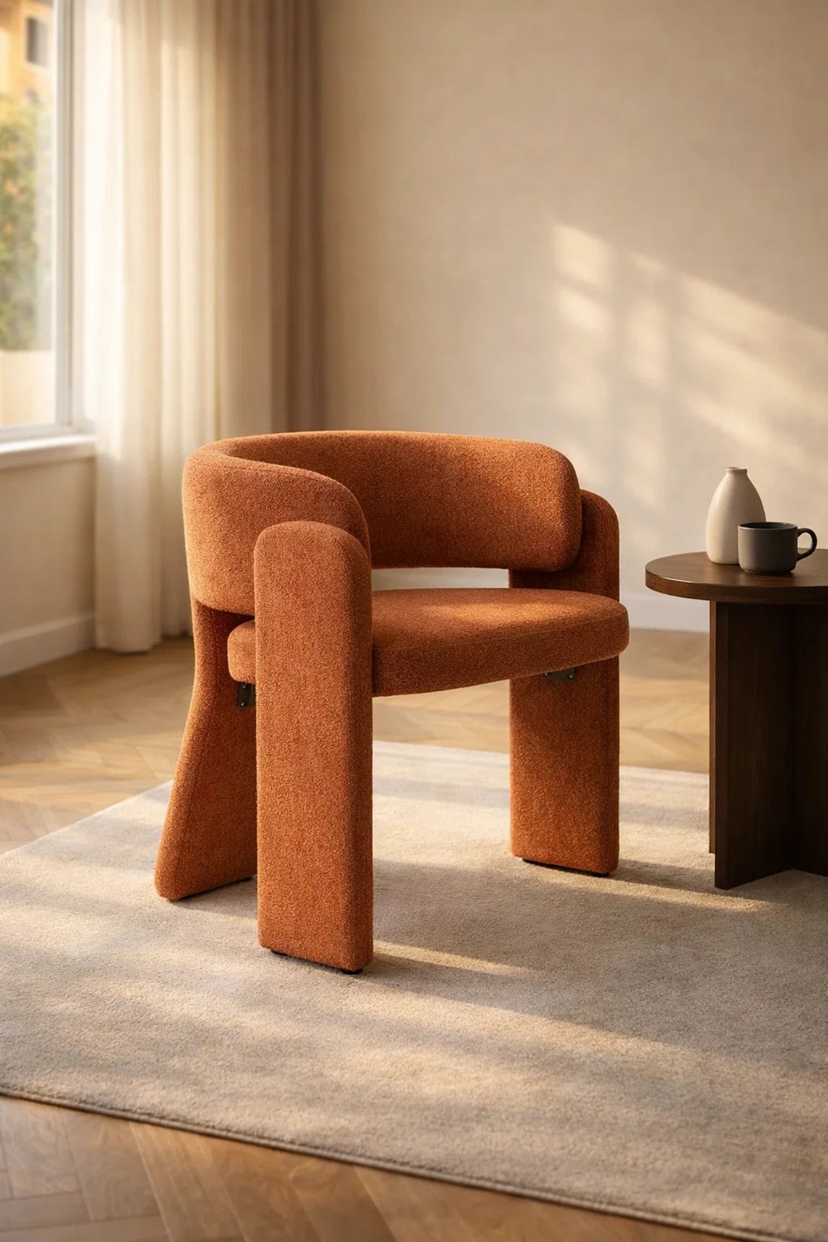 Modern Orange Boucle Accent Chair Upholstered Dining Armchair with Chunky Legs for Living Room