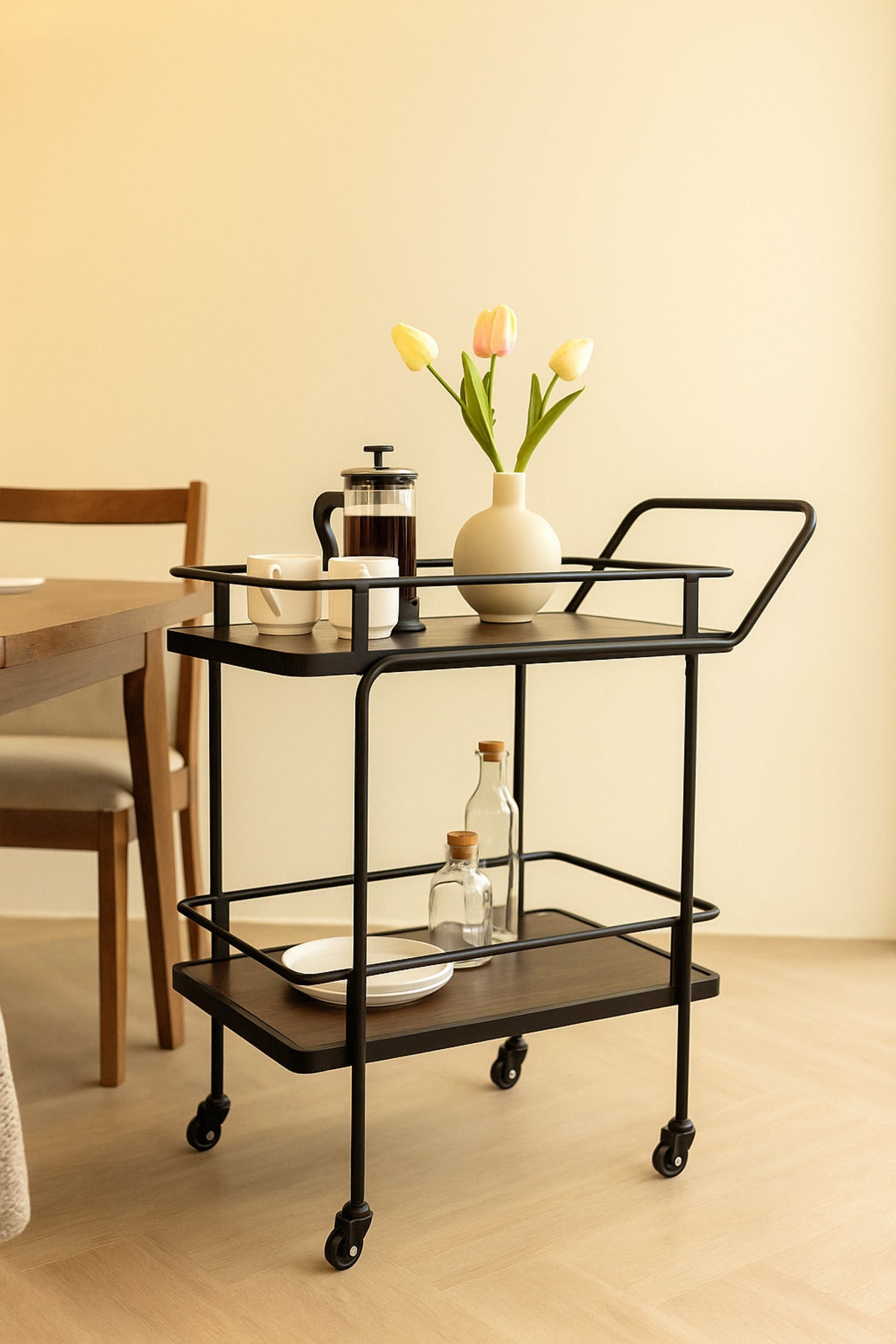 Modern Coffee Brown Serving Trolley with Metal Frame √ê 2-Tier Bar Cart with Wheels 83_40_80 cm