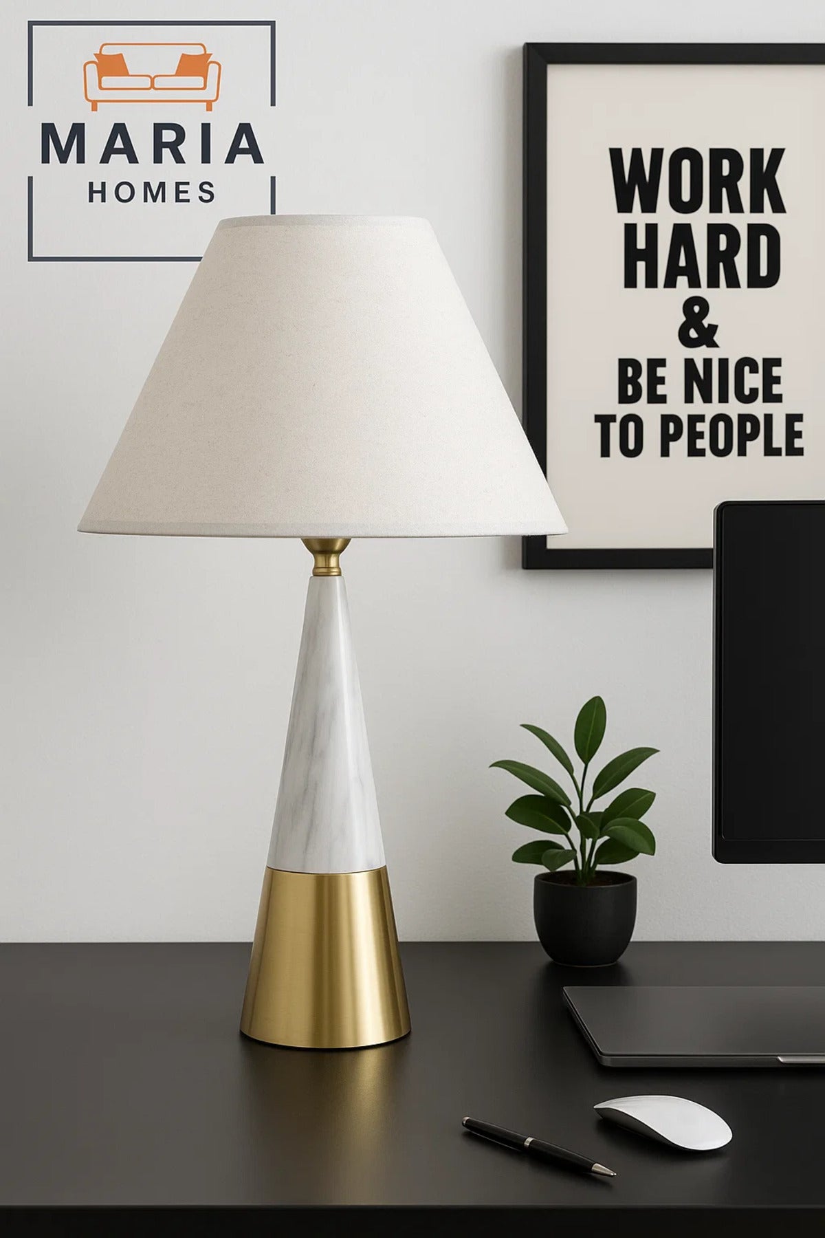 Cone-Shaped Marble and Gold Table Lamp