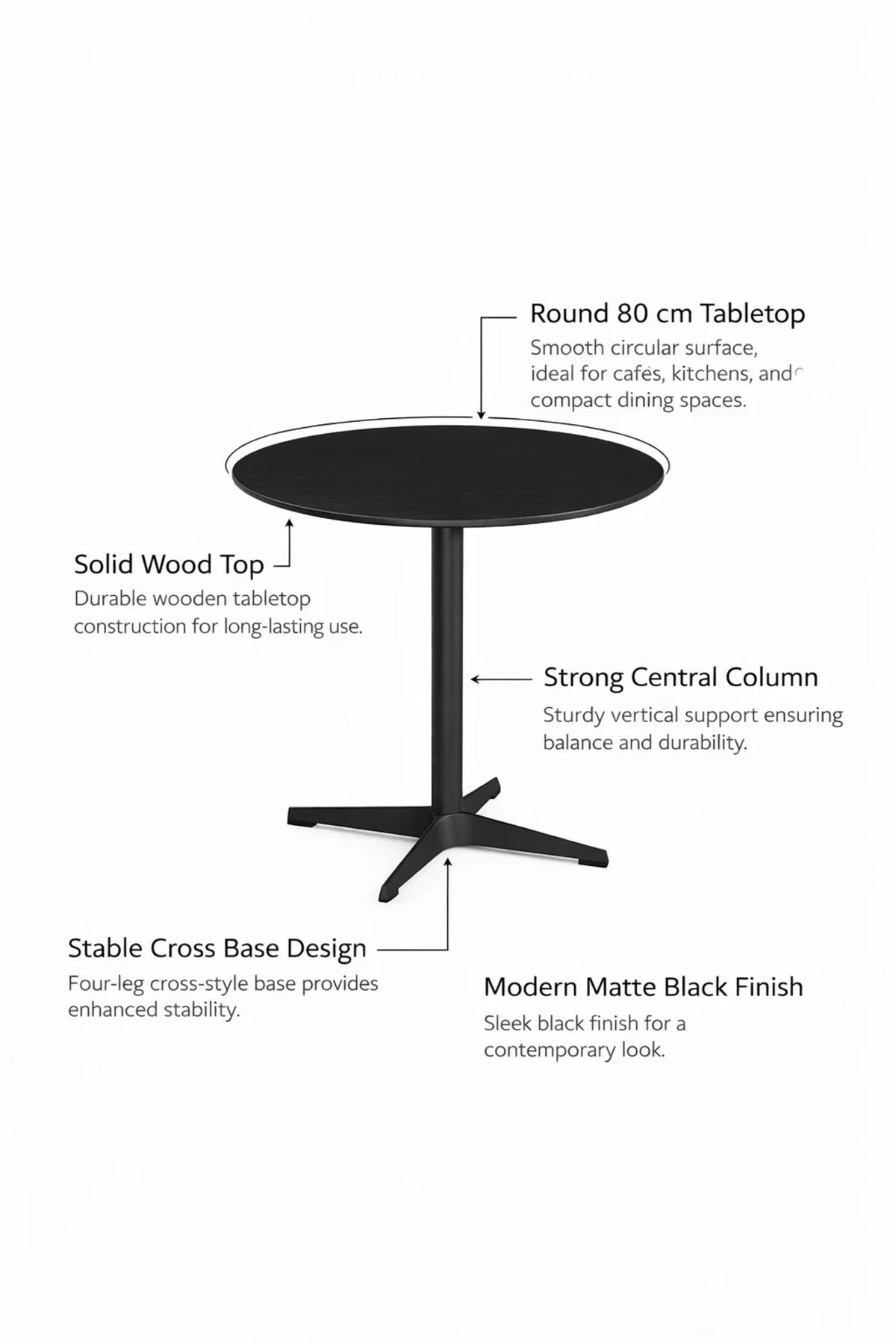 Stylish Black Round Dining Table 80cm Modern Bistro Coffee Table for Kitchen and Living Room