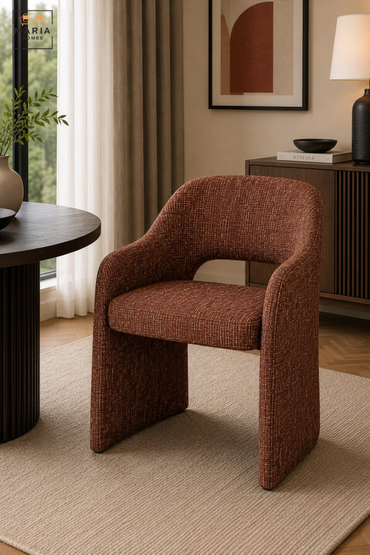 Modern Orange Fabric Accent Chair with Curved Backrest, Integrated Armrests, Open Back & Padded Seat, Contemporary Dining Lounge Chair for Living Room Office