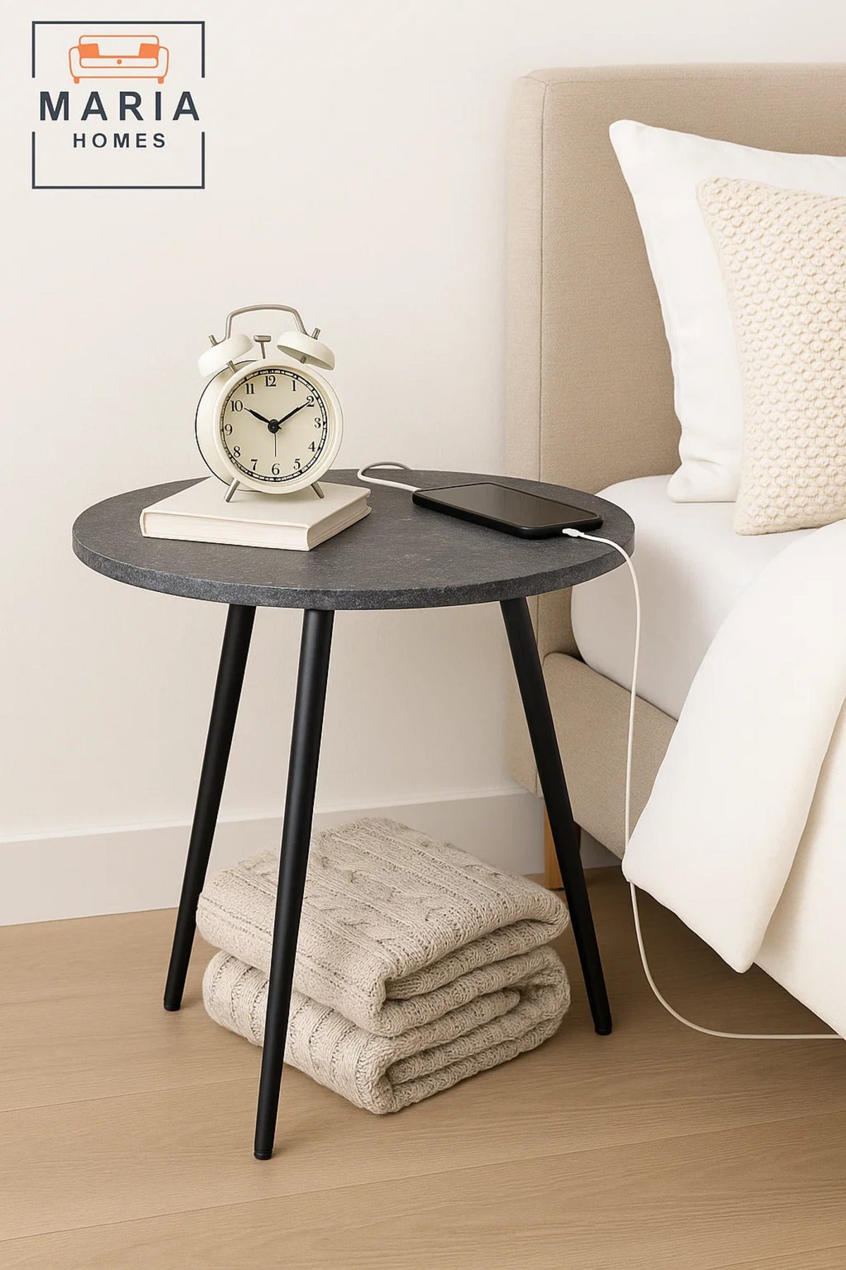 Round Stone-Effect Side Table with Black Tapered Legs