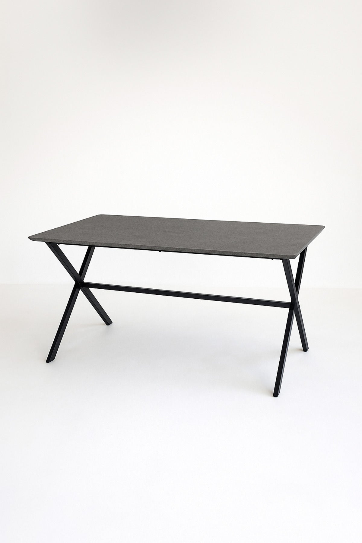 Modern Grey Dining Table Ð 150_90_77 cm | Stone Finish Tabletop with Black Cross Metal Legs