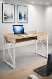 Modern Wood Office Desk with White Metal Frame modern wood office