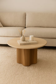 Round Coffee Table with Brown Wooden Base and Light Top Ð Modern Living Room Center Table 90_45 cm