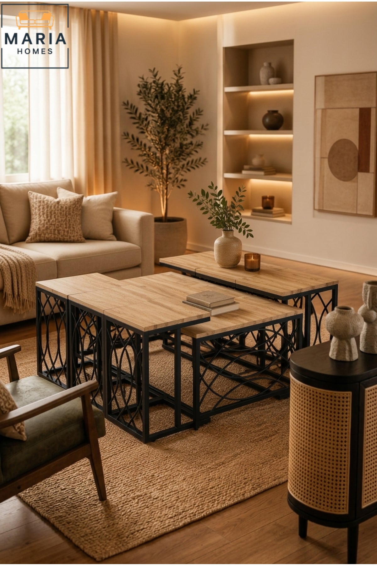 Modern Center Table set – Wooden Top with Metal Base, Living Room Coffee Table
