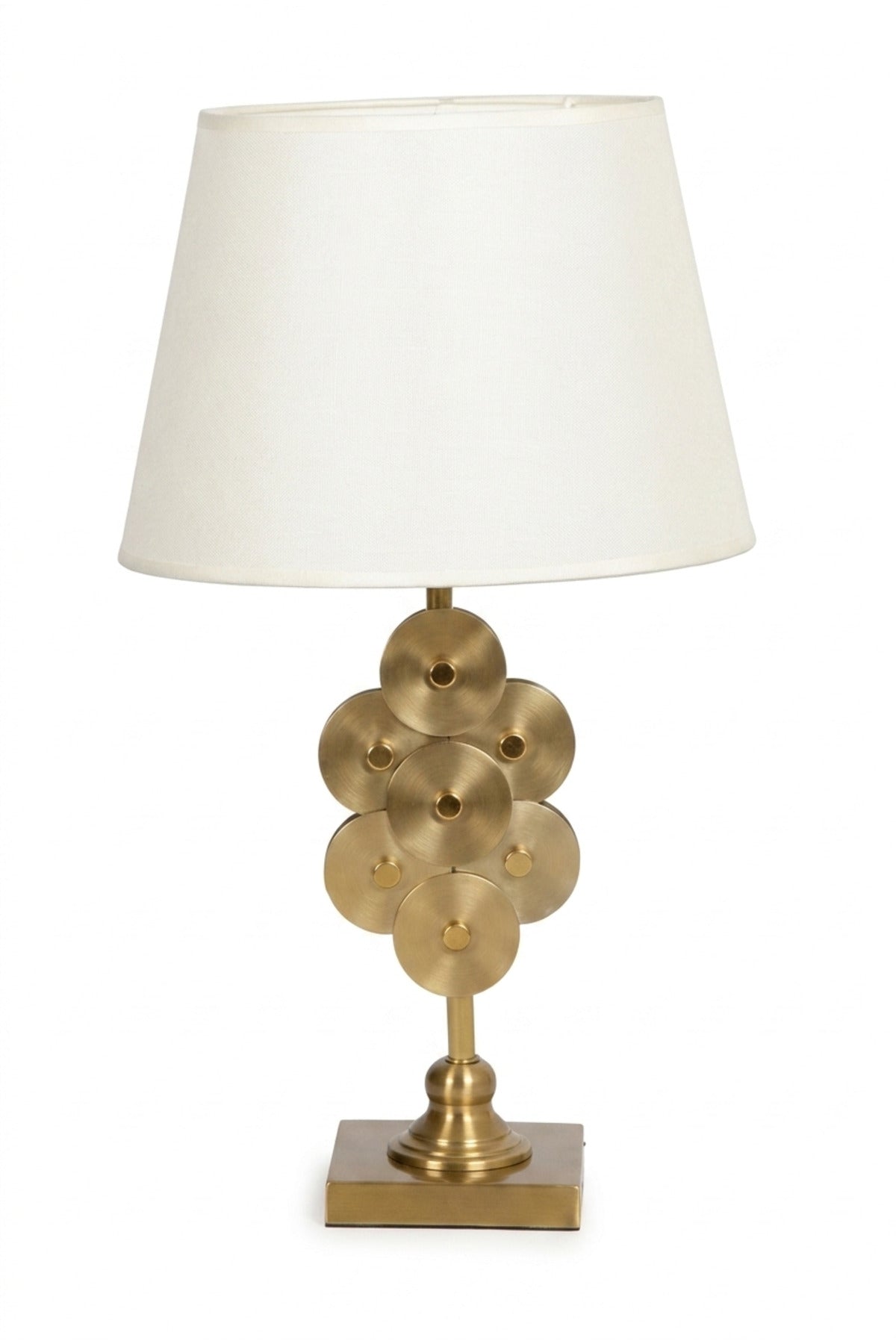 Luxury Decorative Disc Table Lamp with White Fabric Shade, Antique Gold Tone Sculptural Base for Bedroom, Living Room, Office, Hotel and Bedside Décor