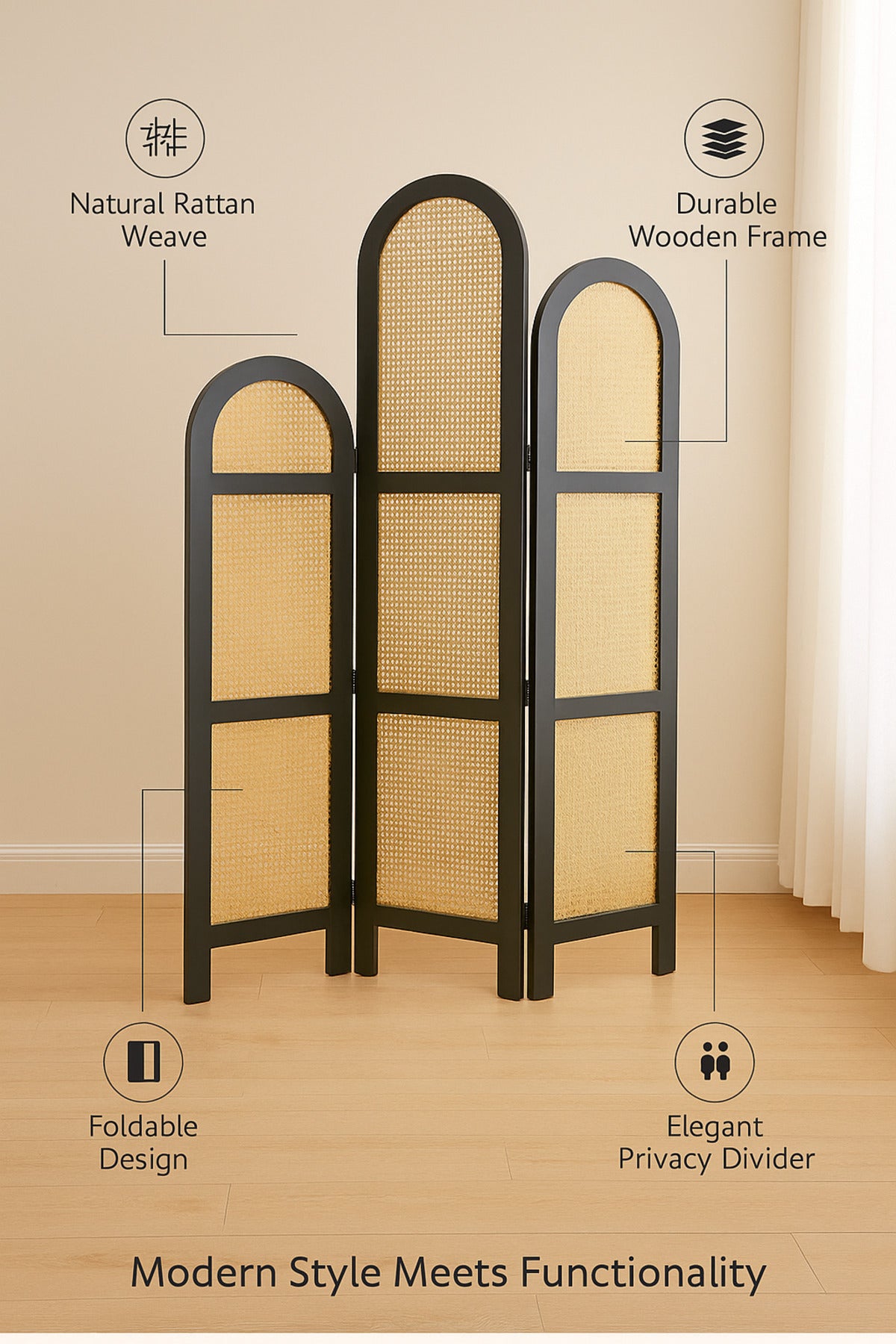 3-Panel Rattan Room Divider with Black Frame Ð 121_180 cm Modern Arched Privacy Screen