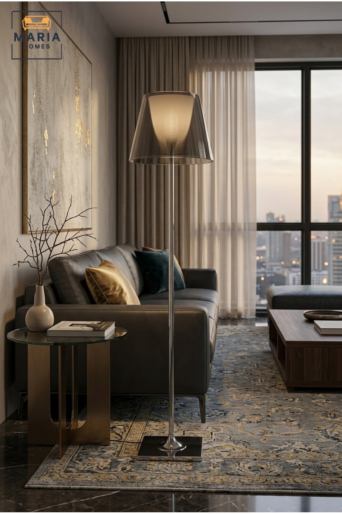 Modern Chrome Floor Lamp with Smoked Transparent Shade, Slim Upright Stand and Square Base Decorative Standing Light for Living Room Bedroom and Office