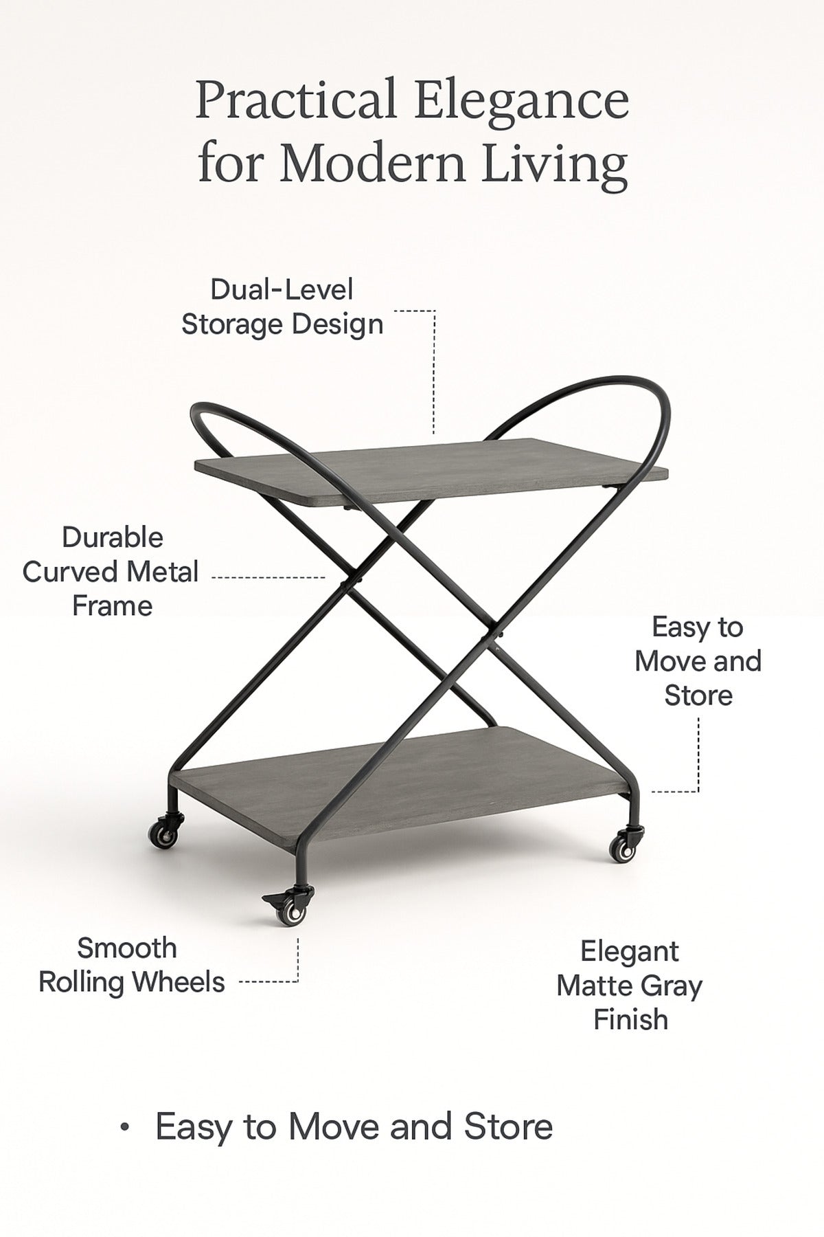 Modern Gray Metal Serving Trolley Ð 2-Tier Industrial Bar Cart with Wheels 72_40_78 cm